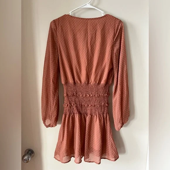 NWOT Dolls Kill Rust Orange Dot Ruched Wrap Dress by Peach Love California - Picture 2 of 2